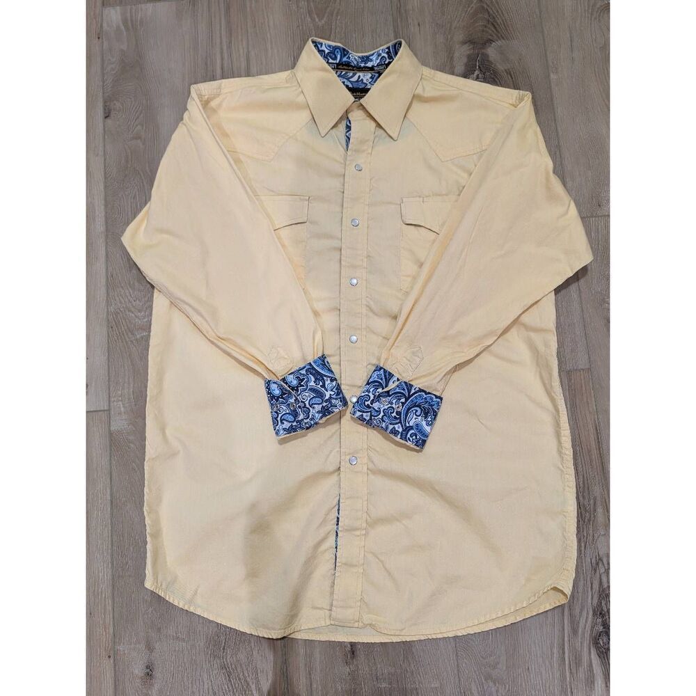 Walls Western Pearl Snap Shirt Mens Medium Yellow Blue Paisley Bob Moorehouse